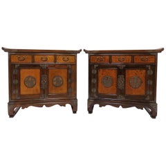 Retro Pair of Korean Bandaji Side Tables/Low Chests on Stands with Brass Hardware