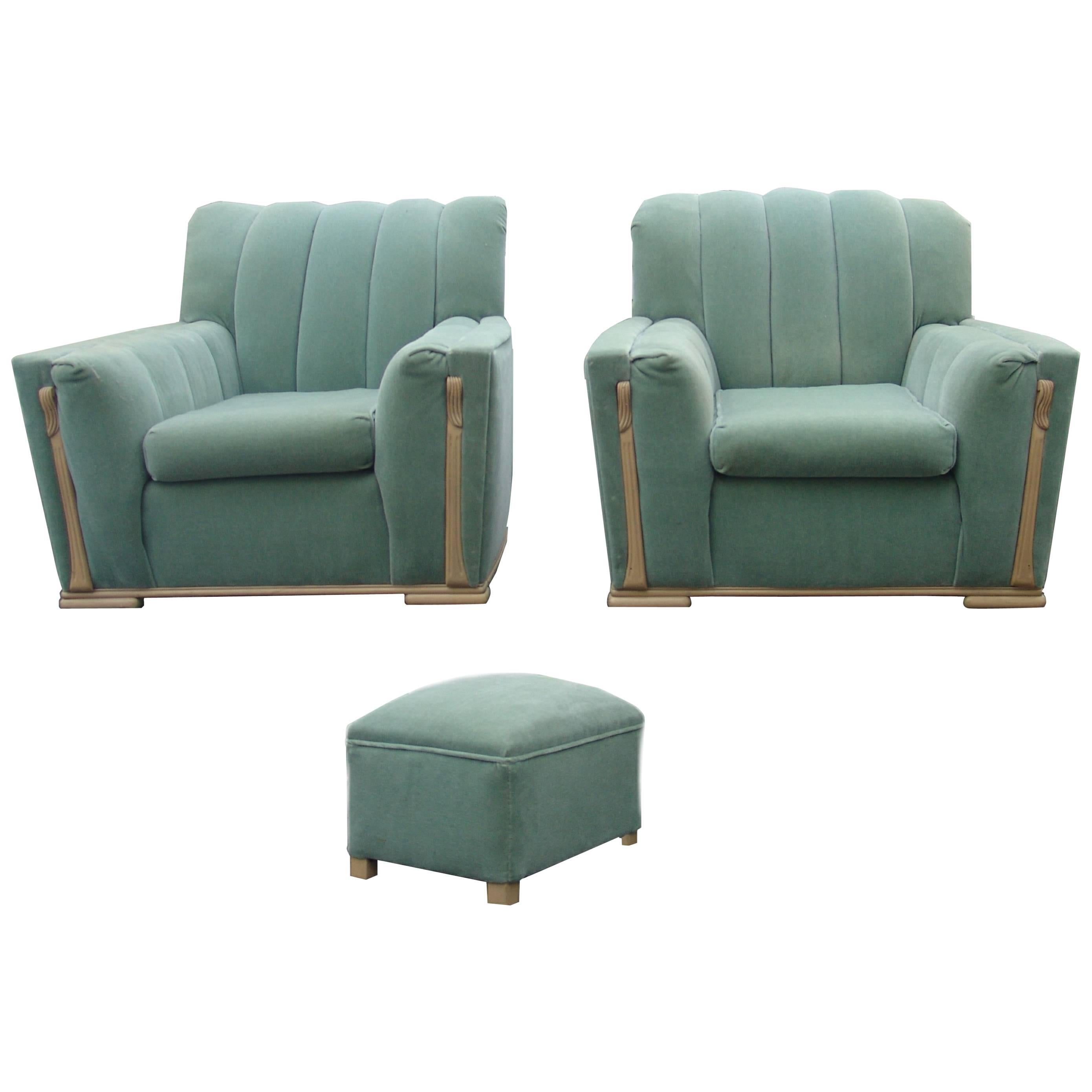 Pair or Art Deco Streamline Club Wood Trim Lounge Chairs and Ottoman