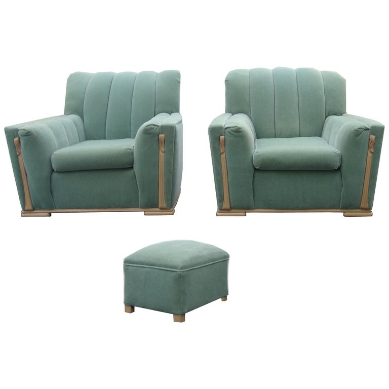 Pair or Art Deco Streamline Club Wood Trim Lounge Chairs and Ottoman at