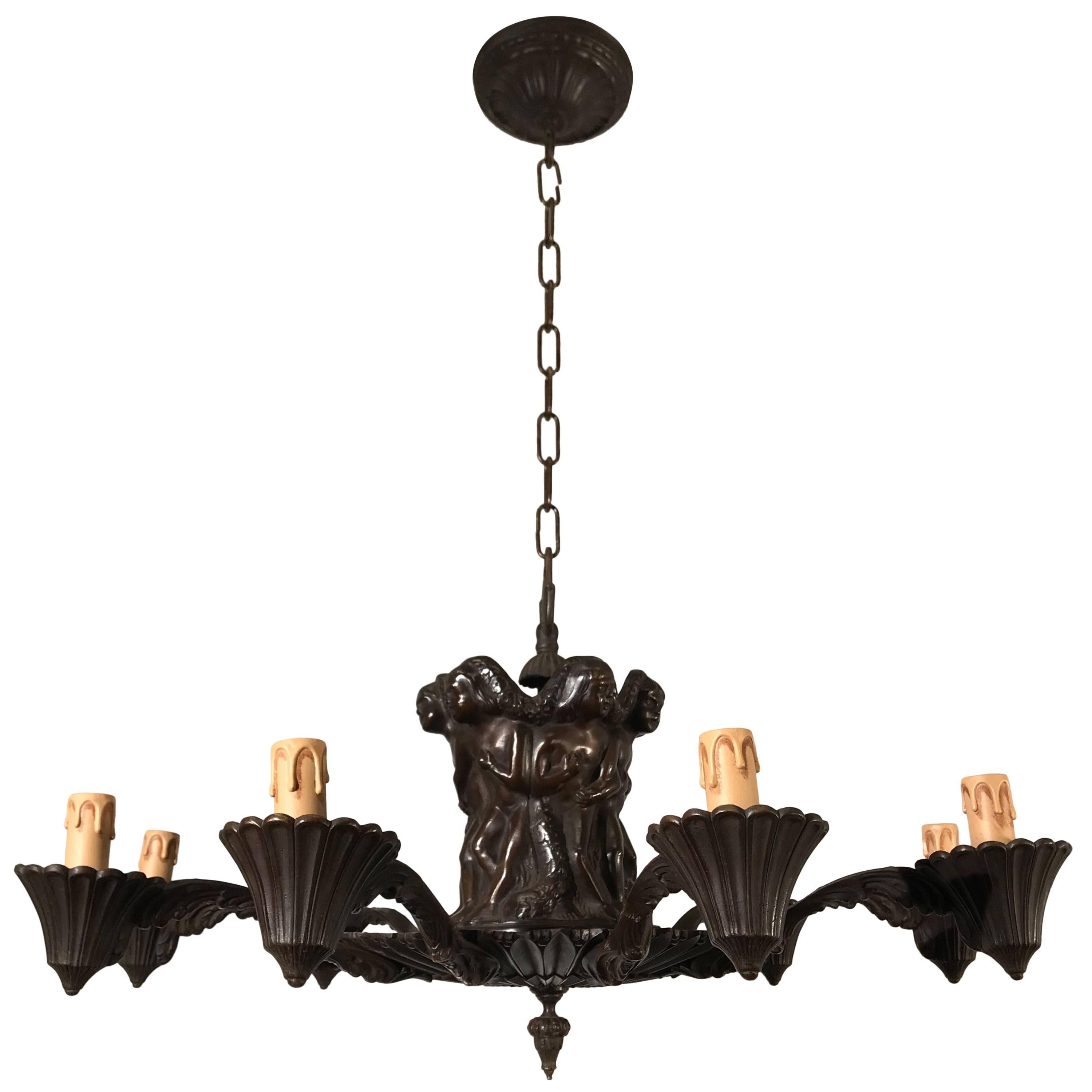 Marvelous Bronze Art Deco Chandelier with René Lalique St. Glass Bird