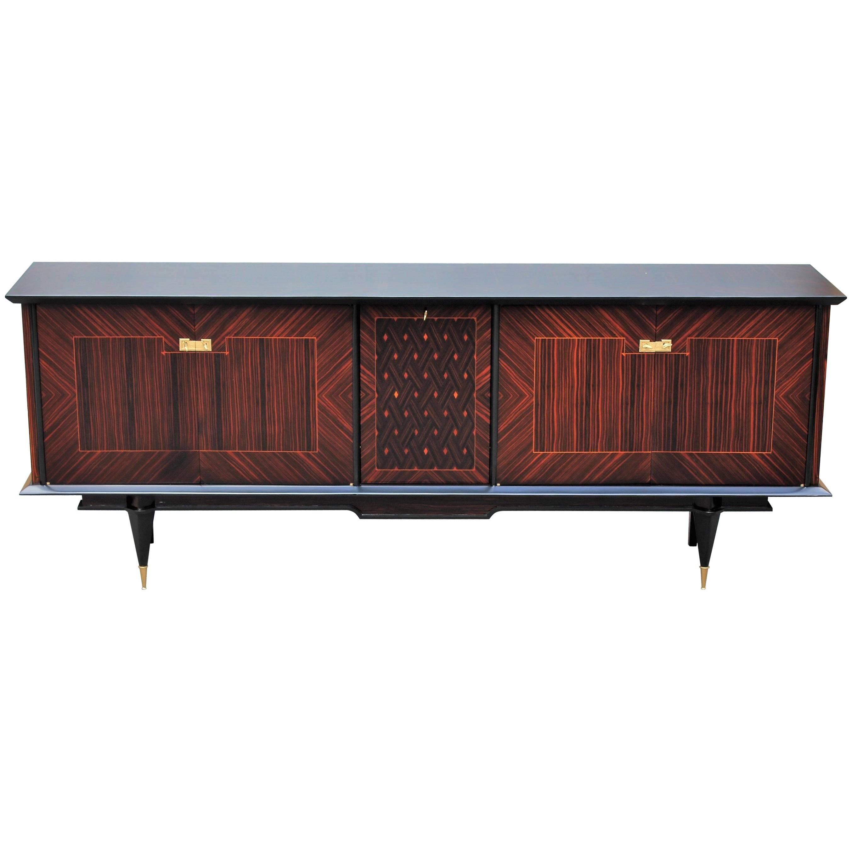 French Art Deco Macassar Sideboard or Buffet with Diamond Centre Inlay, 1940s
