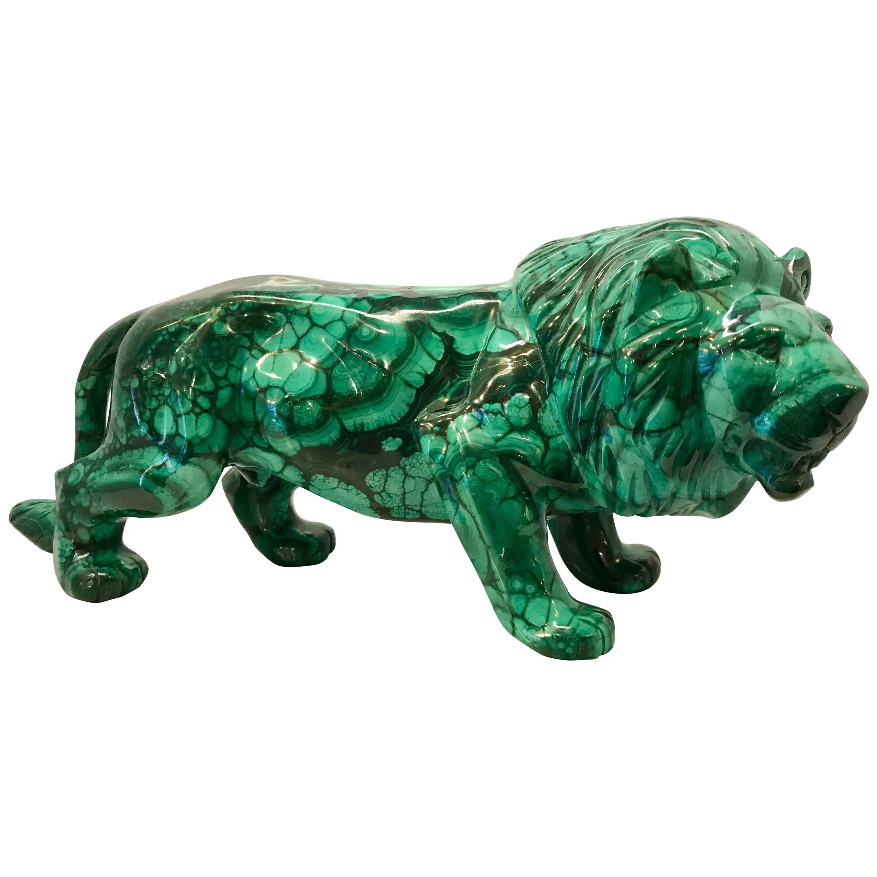 Very Large Hand-Carved Malachite Lion from the Congo