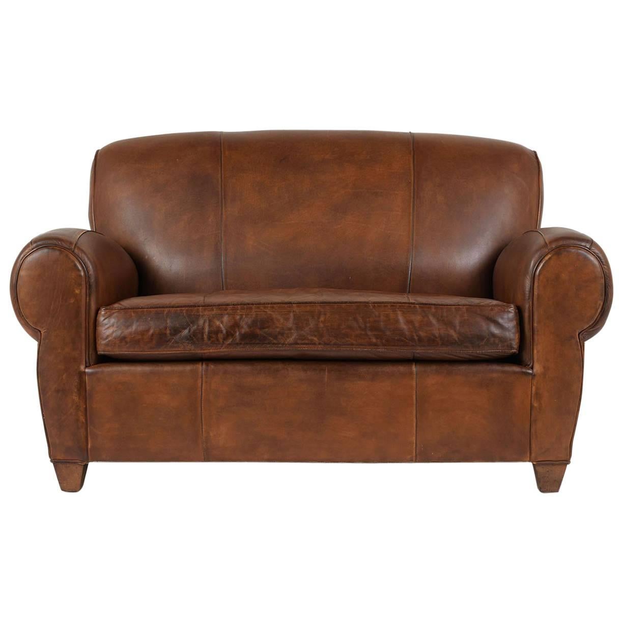 French Art Deco-Style Leather Loveseat