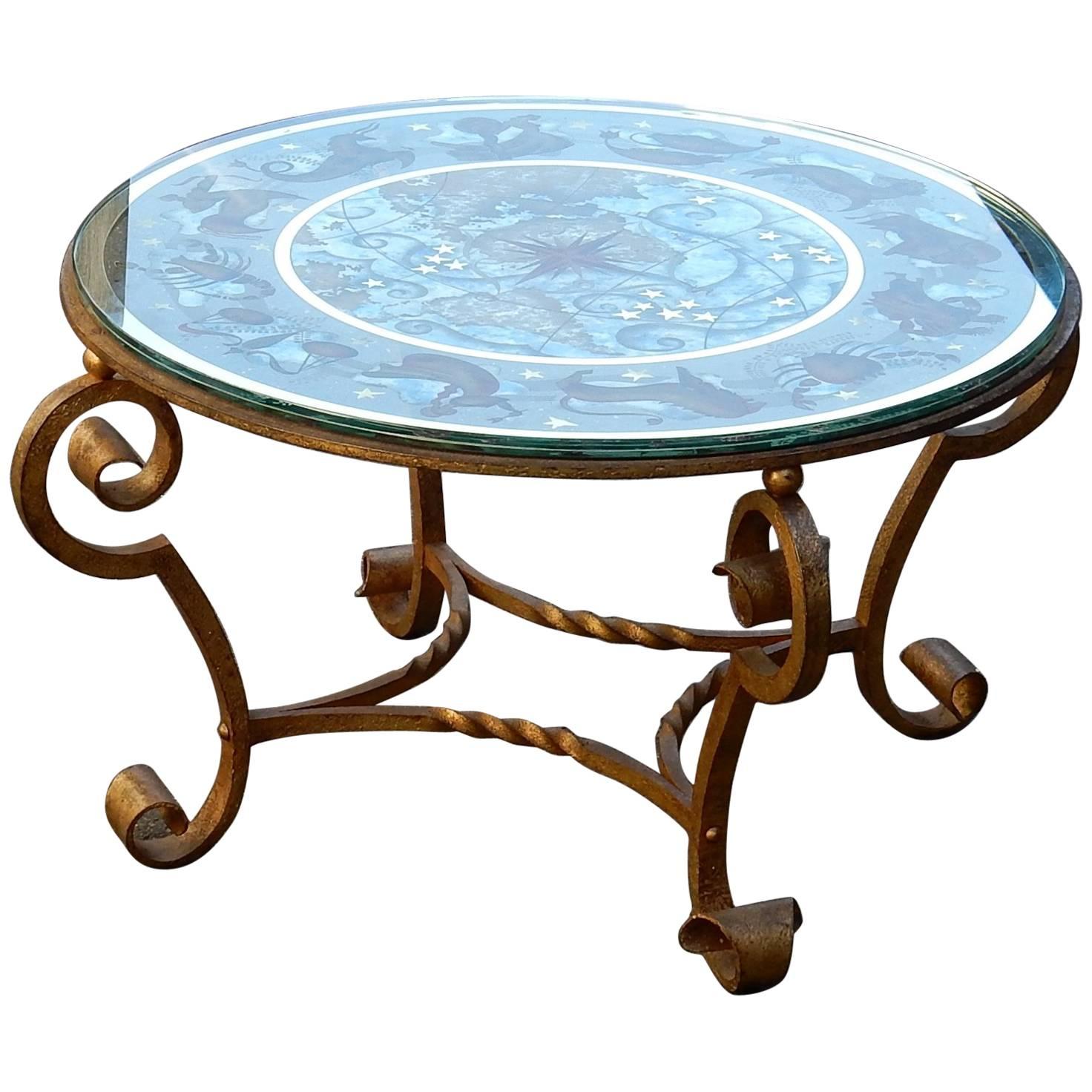 1940-1950 Coffee Table Has Decoration of Zodiac in the Style of Poillerat