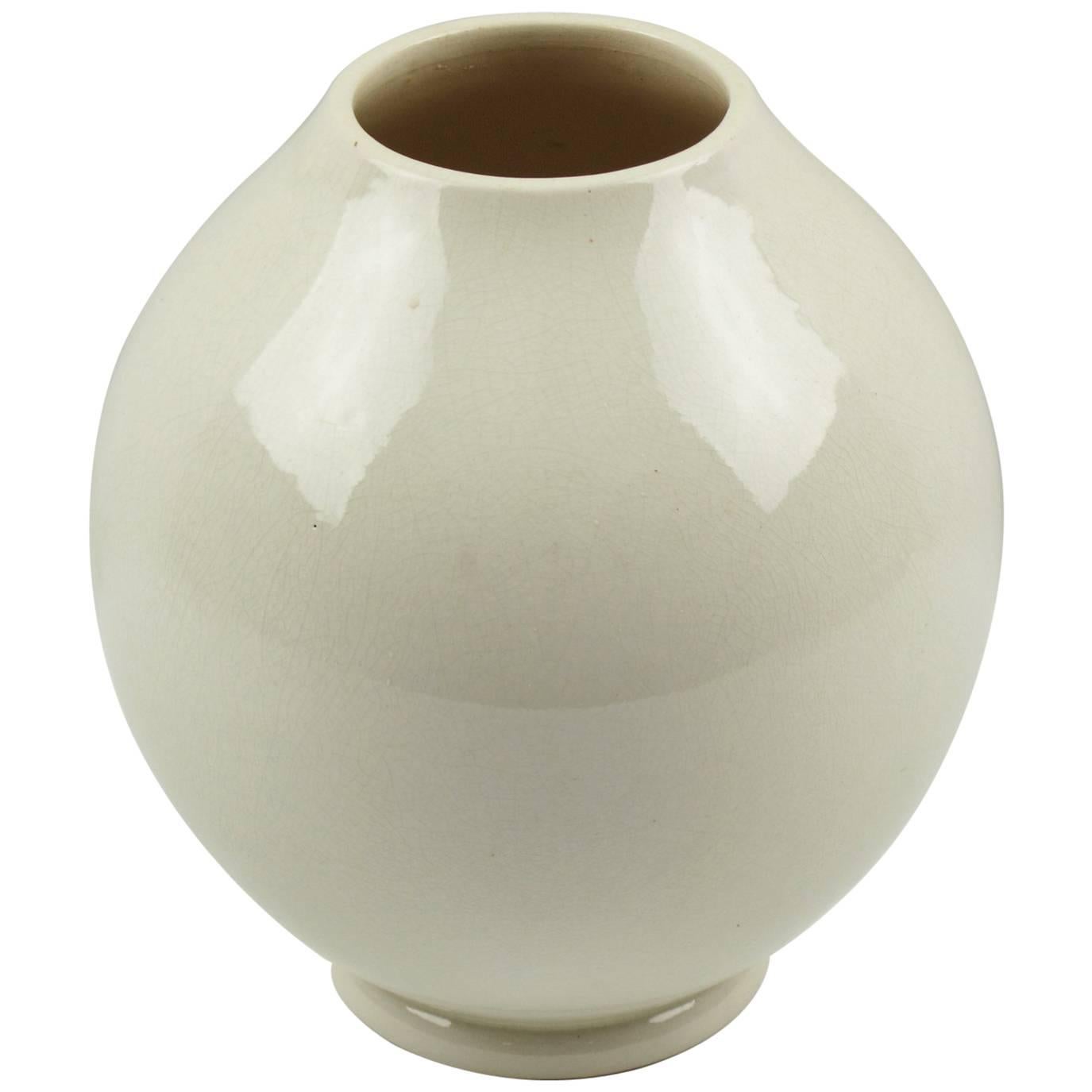 French Saint Clement Modernist Art Deco Off-White Crackle Glaze Ceramic Vase