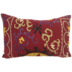 Large Vintage Colorful Suzani Embroidery Lumbar Pillow from Uzbekistan