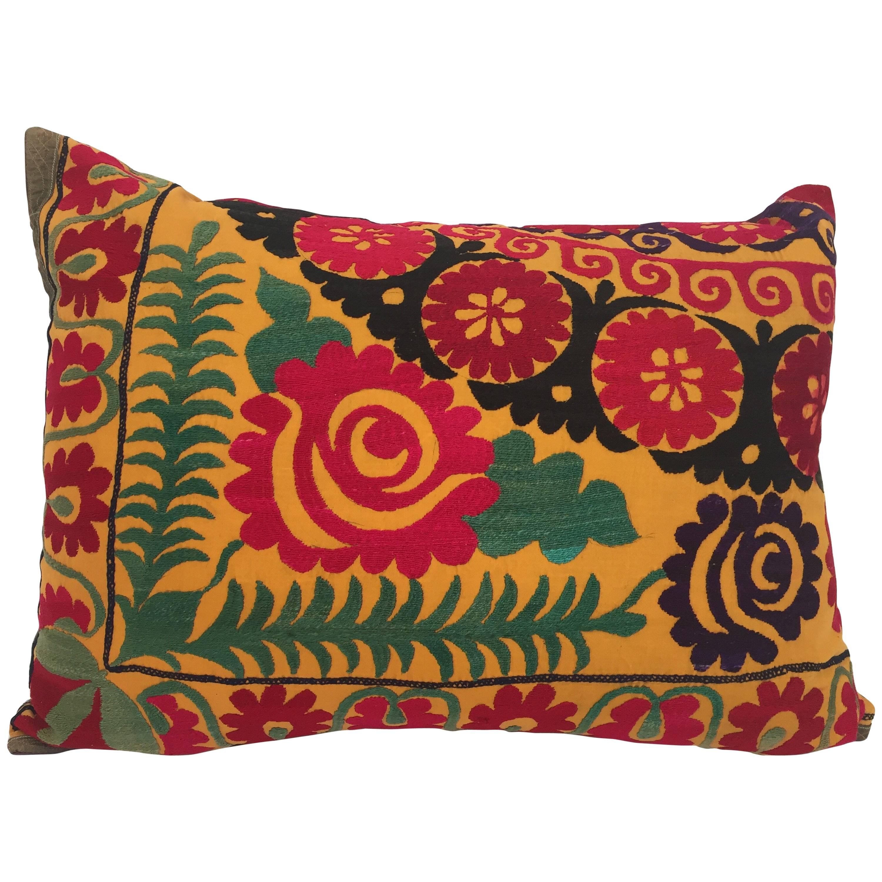 Large Vintage Colorful Suzani Embroidery Lumbar Pillow