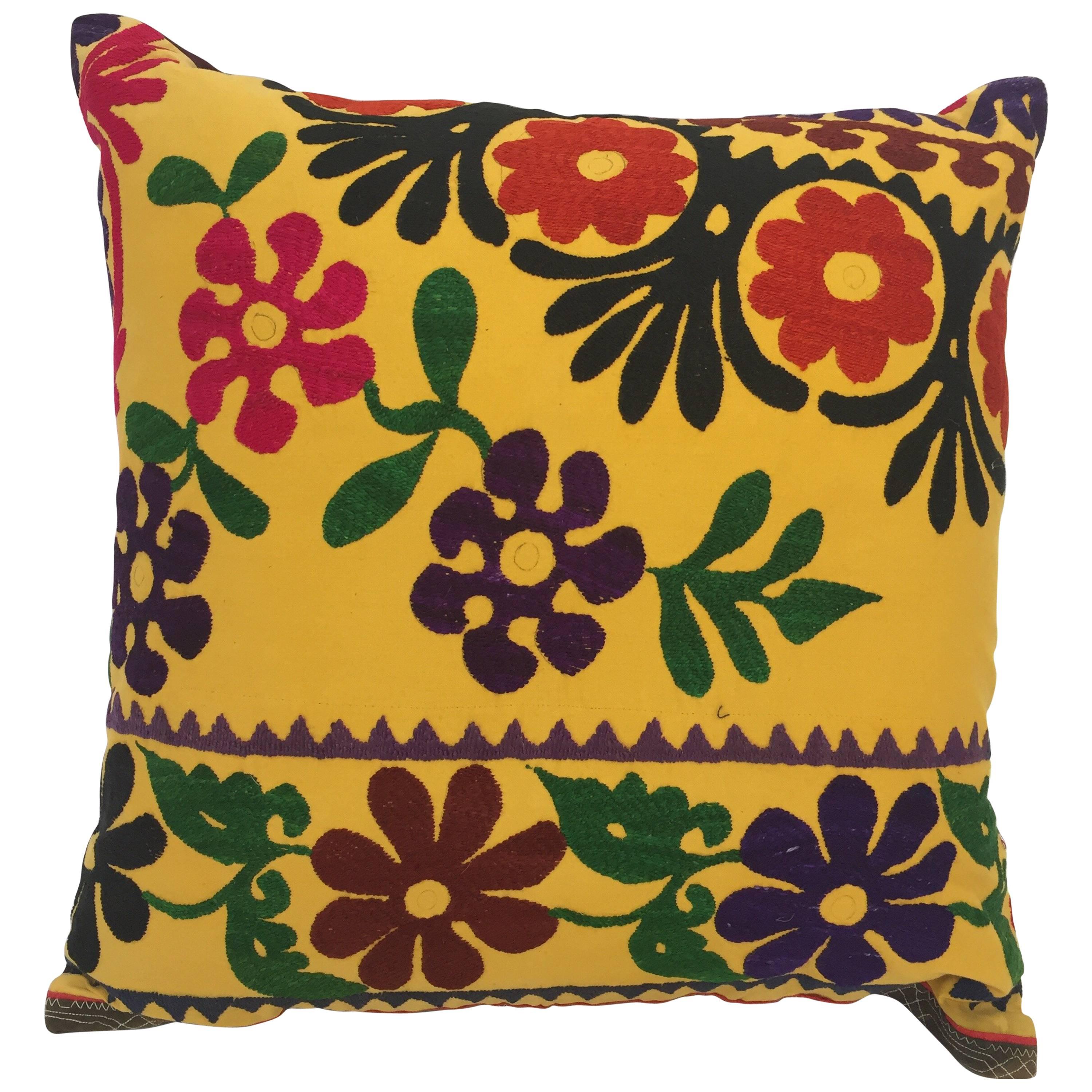 Vintage Large Yellow Suzani Embroidery Decorative Throw Pillow from Uzbekistan