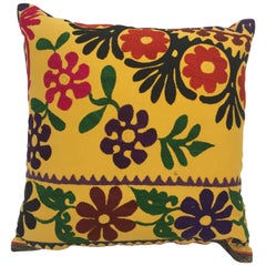 Antique Large Yellow Suzani Embroidery Decorative Throw Pillow from Uzbekistan