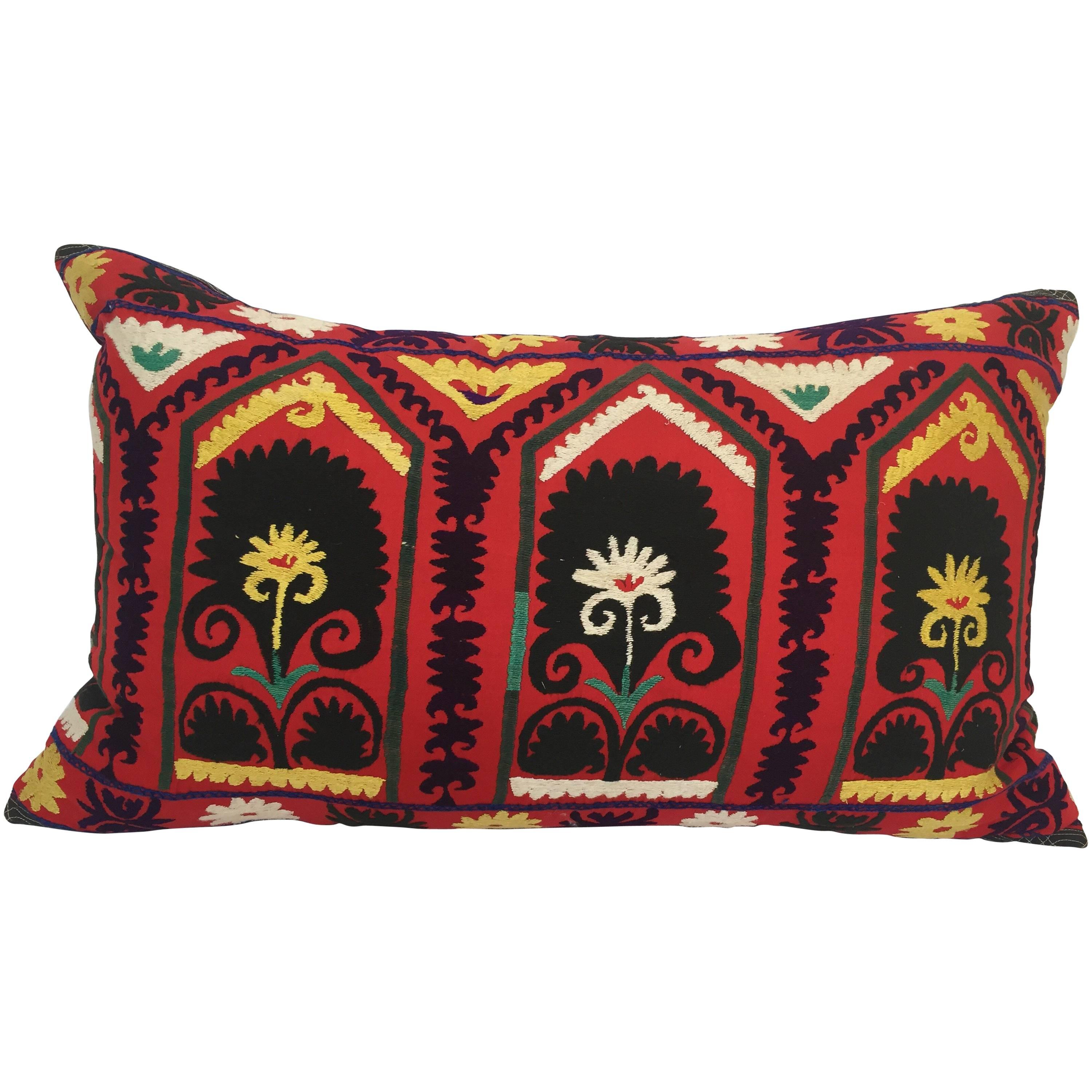 Vintage Colorful Suzani Embroidery Decorative Lumbar Pillow from Uzbekistan