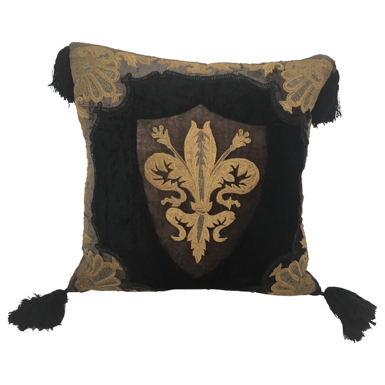 Moroccan Black Silk Decorative Pillow with Gold Metallic Threads and