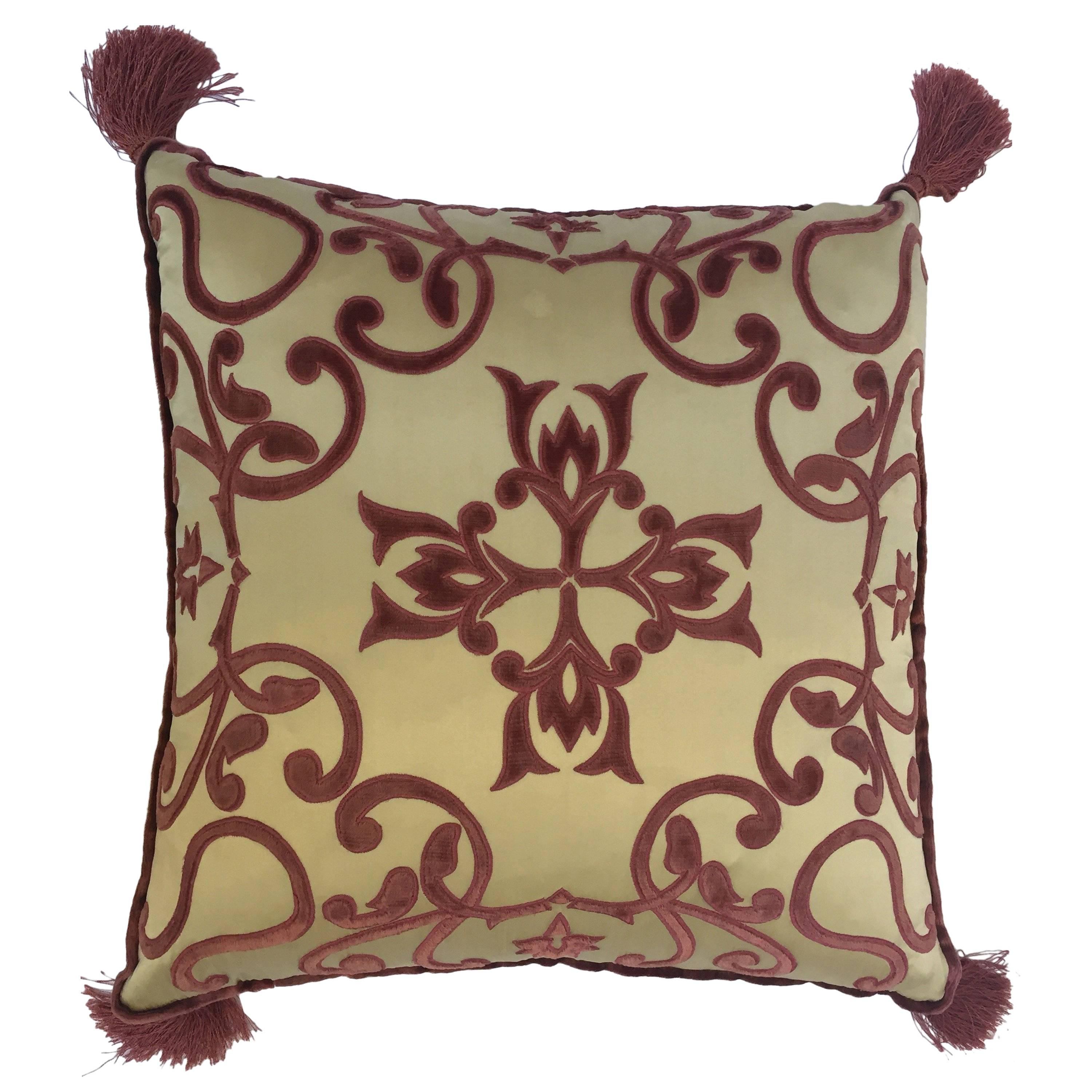 Moroccan Silk Velvet Applique Throw Decorative Pillow with Tassels Moroccan