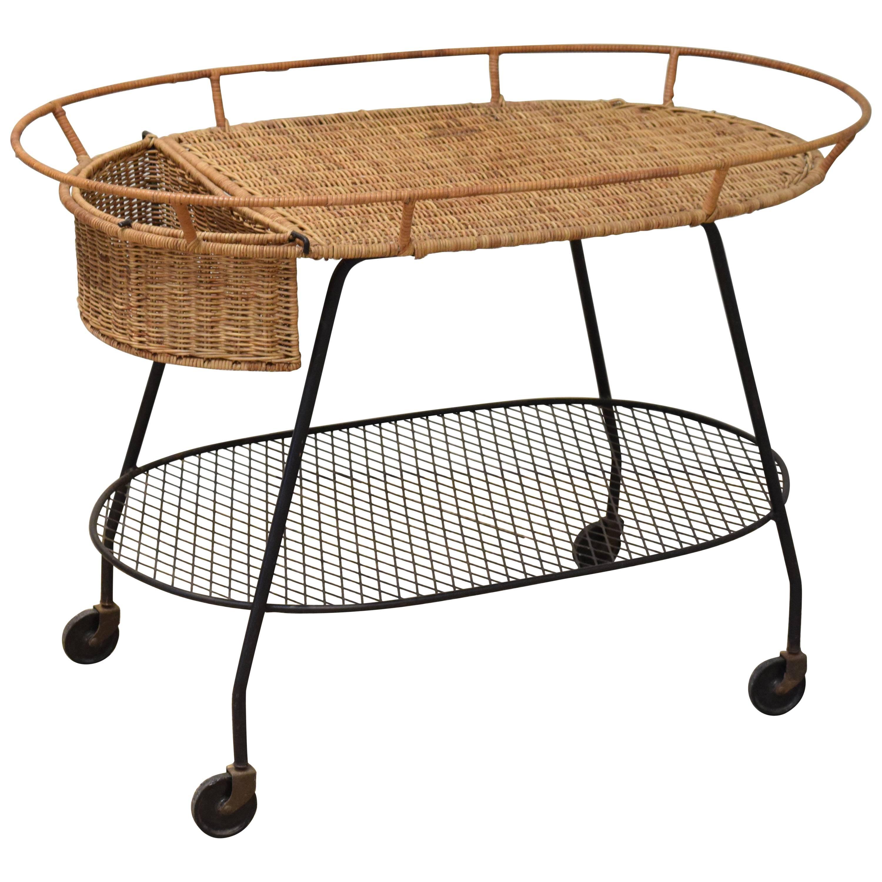 Wicker and Iron Serving Cart by Maurizio Tempestini for Salterini