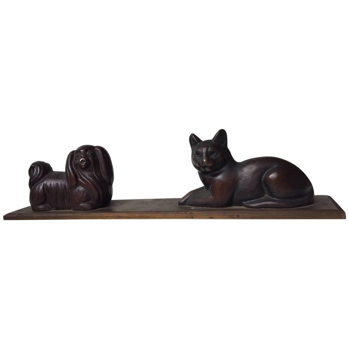 Pekingese Dog & Cat Cast Bronze Paperweight - Desk Ornament, 1930s, Scandinavia