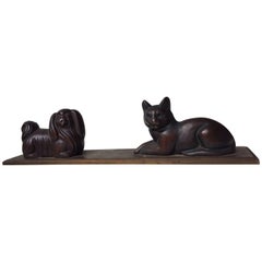 Vintage Pekingese Dog & Cat Cast Bronze Paperweight - Desk Ornament, 1930s, Scandinavia