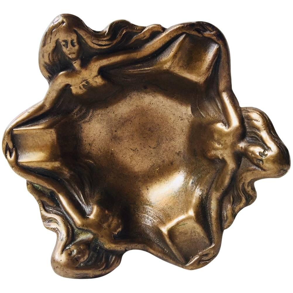 Art Deco Cigar Ashtray in Brass with Dancing Females, France, 1930s