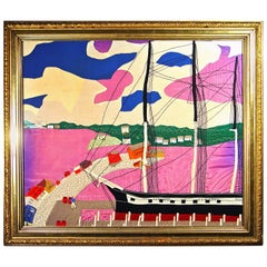 Folk Art Large Silk Picture of a Docked Sailing Ship, circa 1930