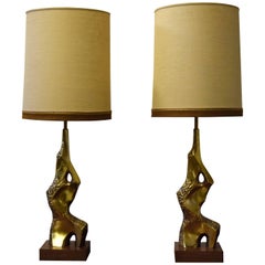 Pair of Laurel Brutalist Brass Table Lamps