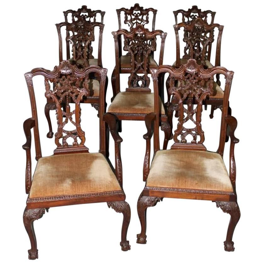 Rare Set of Eight Carved Mahogany Chippendale Style Ribbon Back Dining Chairs For Sale