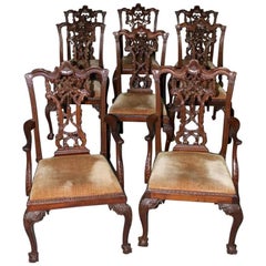 Rare Set of Eight Carved Mahogany Chippendale Style Ribbon Back Dining Chairs