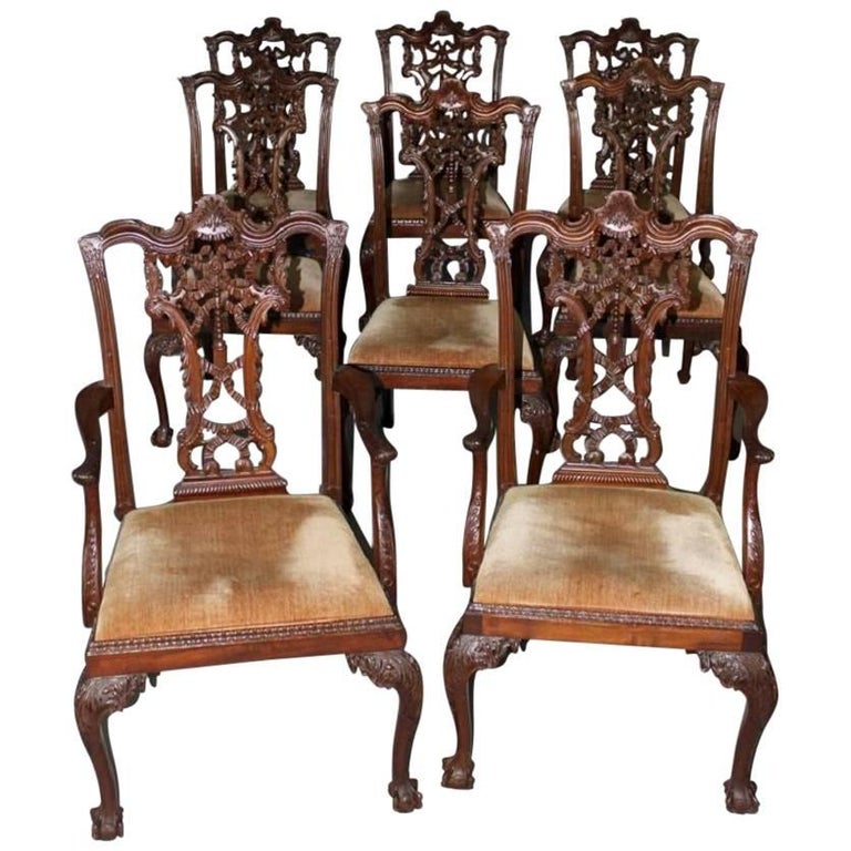 Rare Set of Eight Carved Mahogany Chippendale Style Ribbon Back Dining