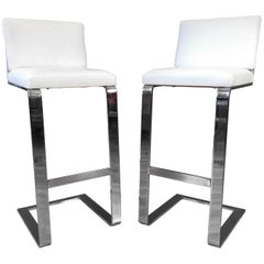 Pair of Pace Collection Chrome and Leather Cantilevered Bar Stools