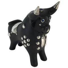 Midcentury Carved Wood and Silver Taurus Bull Sculpture