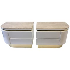 Pair of Brass and Lacquered with Travertine Tops Nightstands by Steve Chase