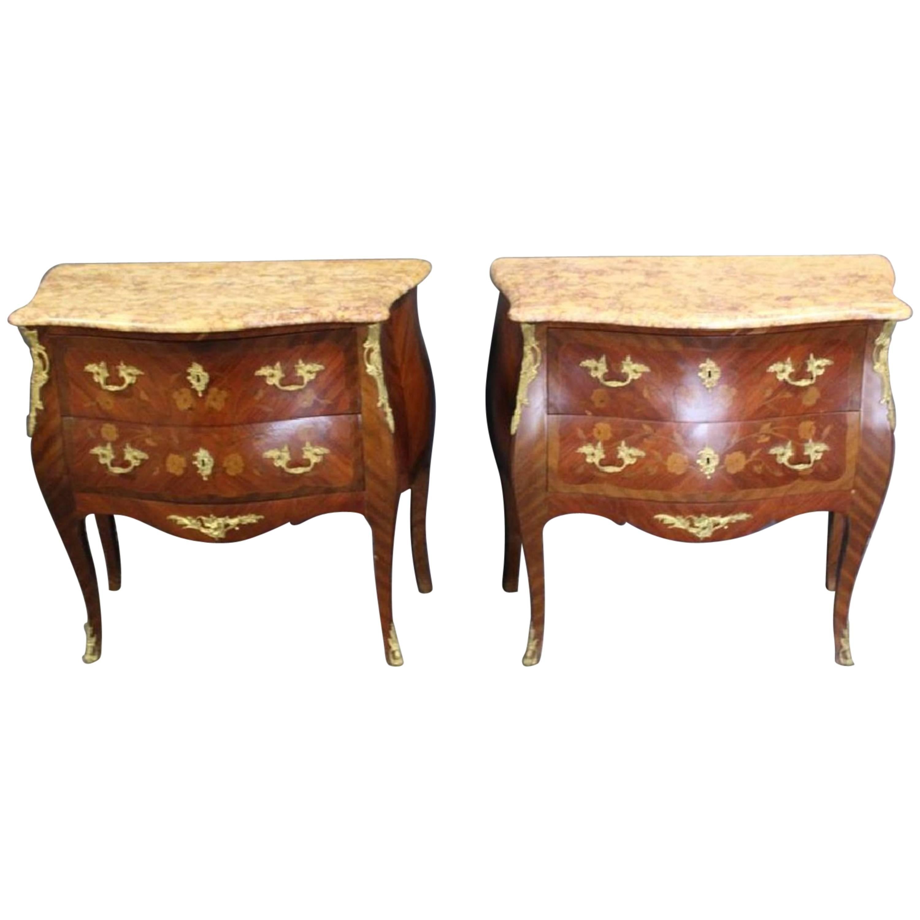 Pair of Louis XV Style Bronze-Mounted Marble-Top Inlaid Bedside Commodes
