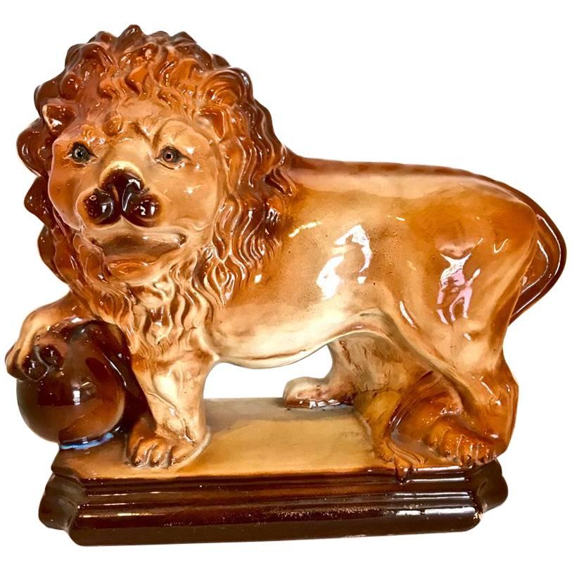 Staffordshire Standing Lion with Ball, 19th Century