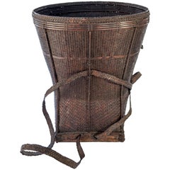 Tribal Carrying Basket from Laos, Mid-20th Century, Bamboo, Rattan, Wood Base