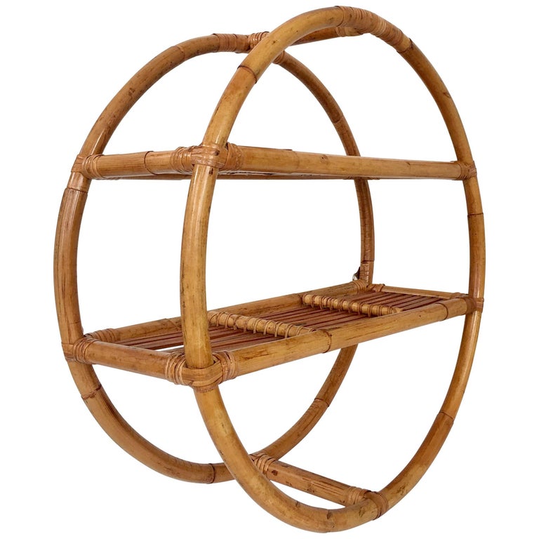 MidCentury Rattan and Wicker Wrap Round Wall Mounted Shelf Display at