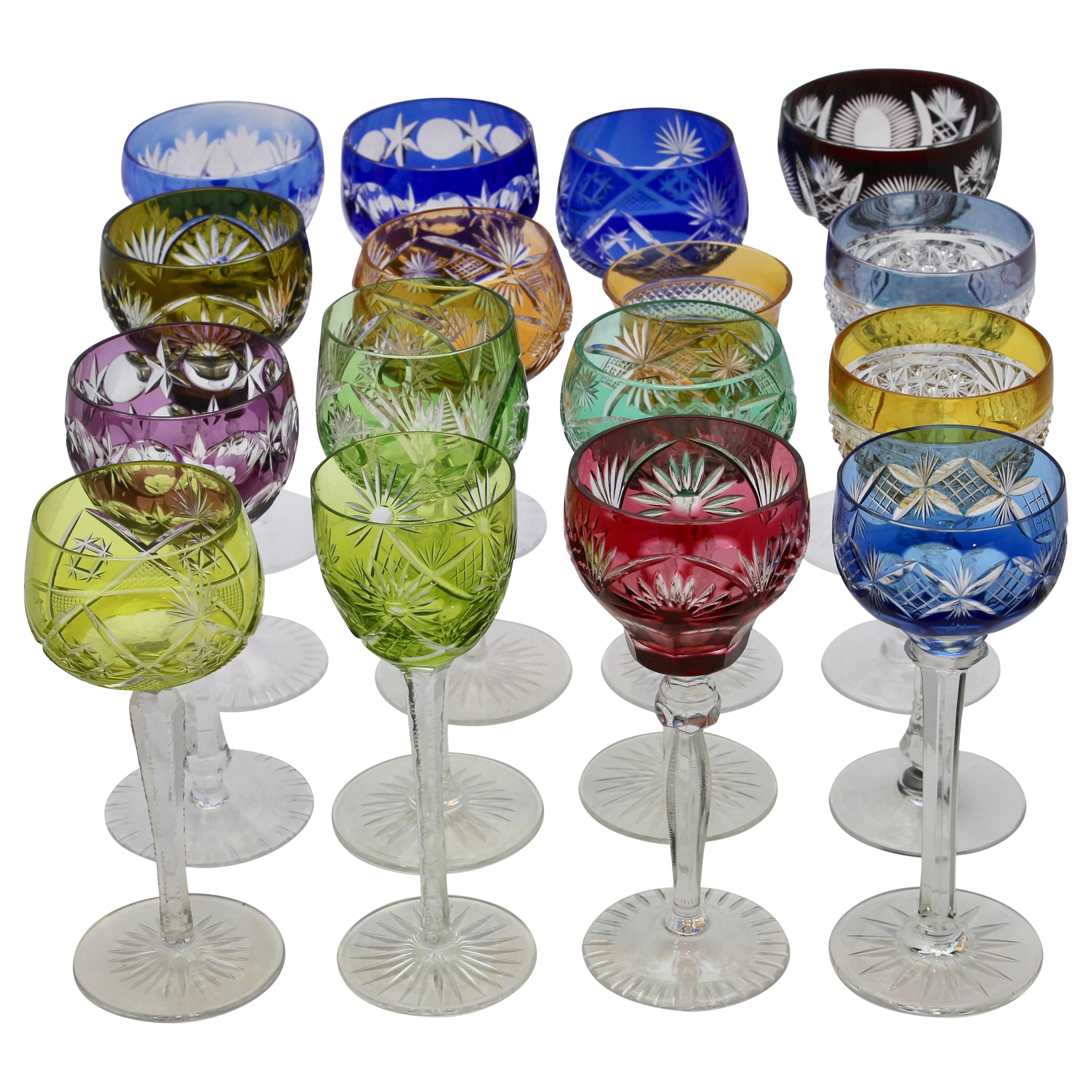 Crystal Set of 16 Lausitzer Stem Glasses with Colored Overlay Cut to Clear