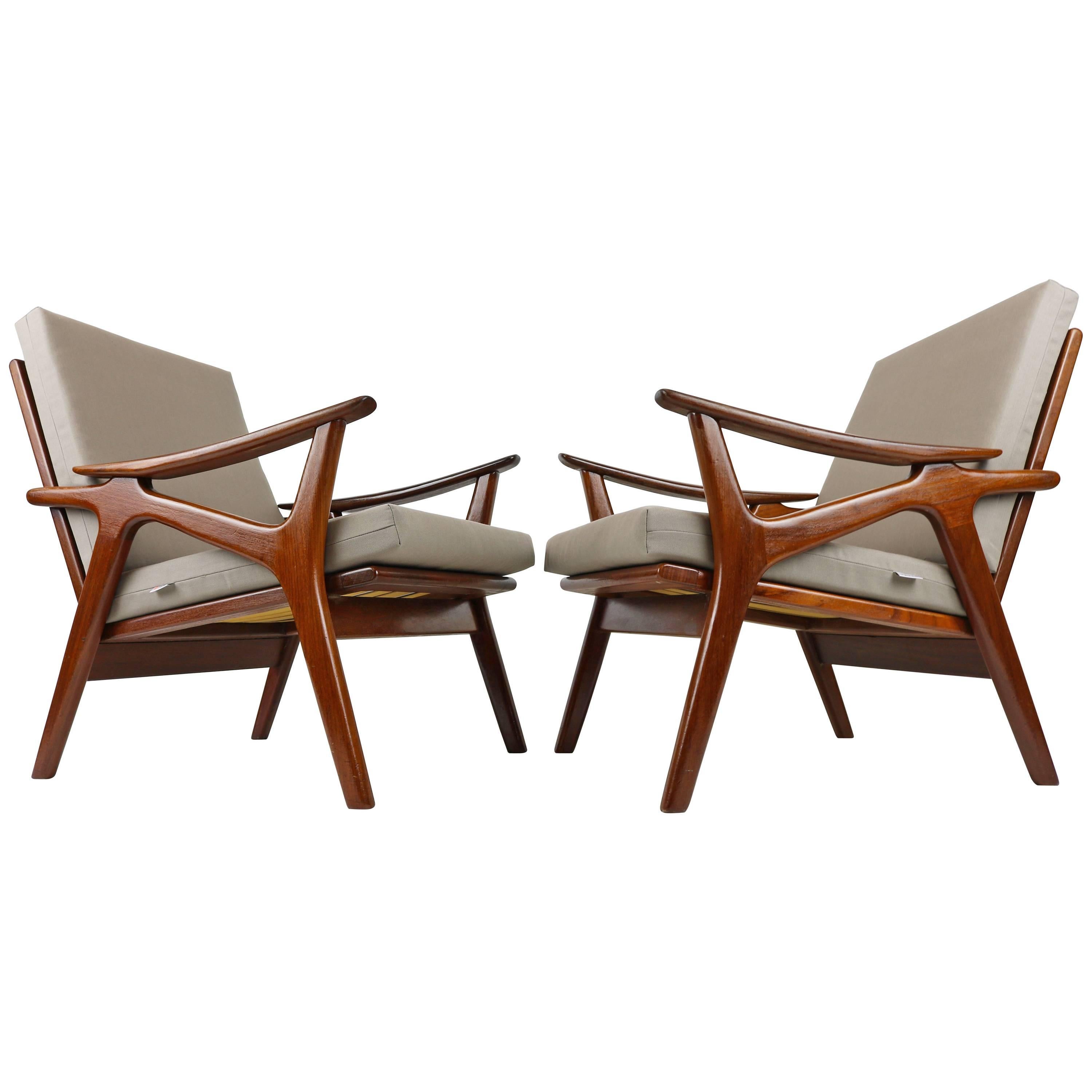 Pair of Vintage Design Lounge Chairs by De Ster Gelderland Teak Brown Grey, 1960