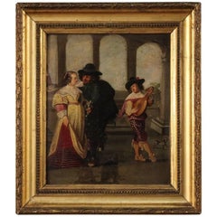 19th Century French Painting Gallant Scene with Musician Oil on Panel
