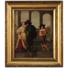 Pintura francesa del siglo XIX Escena galante con músico Óleo sobre tabla