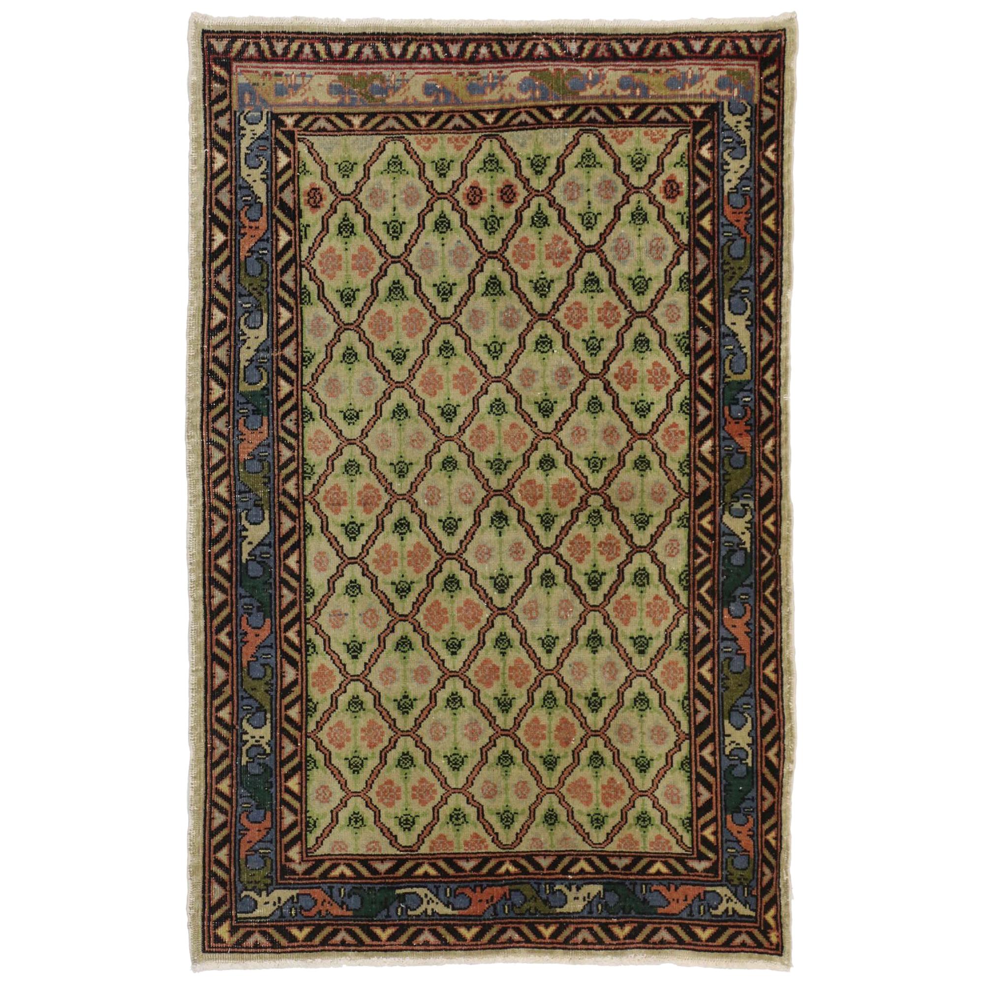 Distressed Vintage Turkish Sivas Rug with Romantic Industrial Art Deco Style For Sale
