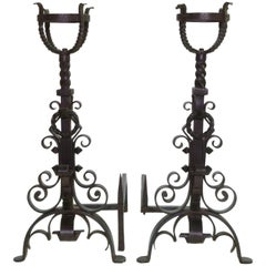 17th Century Style, Pair of English Andirons with Scroll Detail