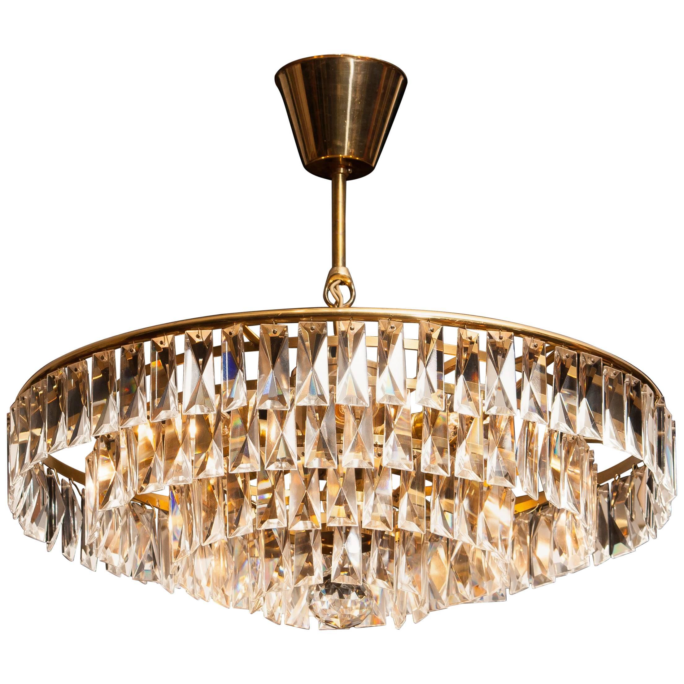 1950s, Crystal and Brass Ceiling Lamp Chandelier