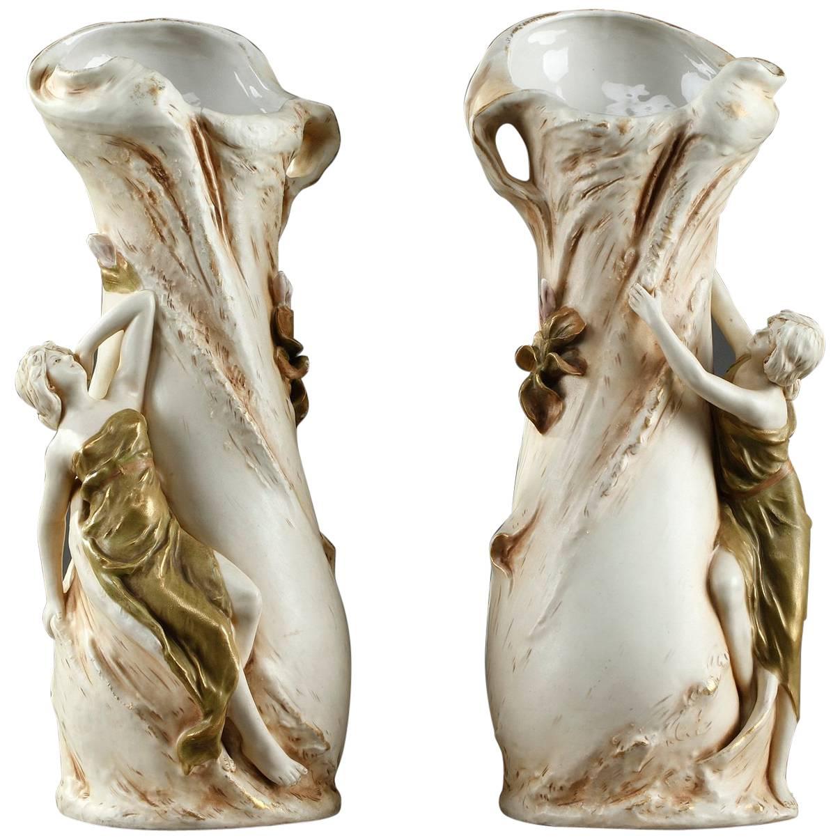 Late 19th Century Pair of Art Nouveau Royal Dux Porcelain Vases