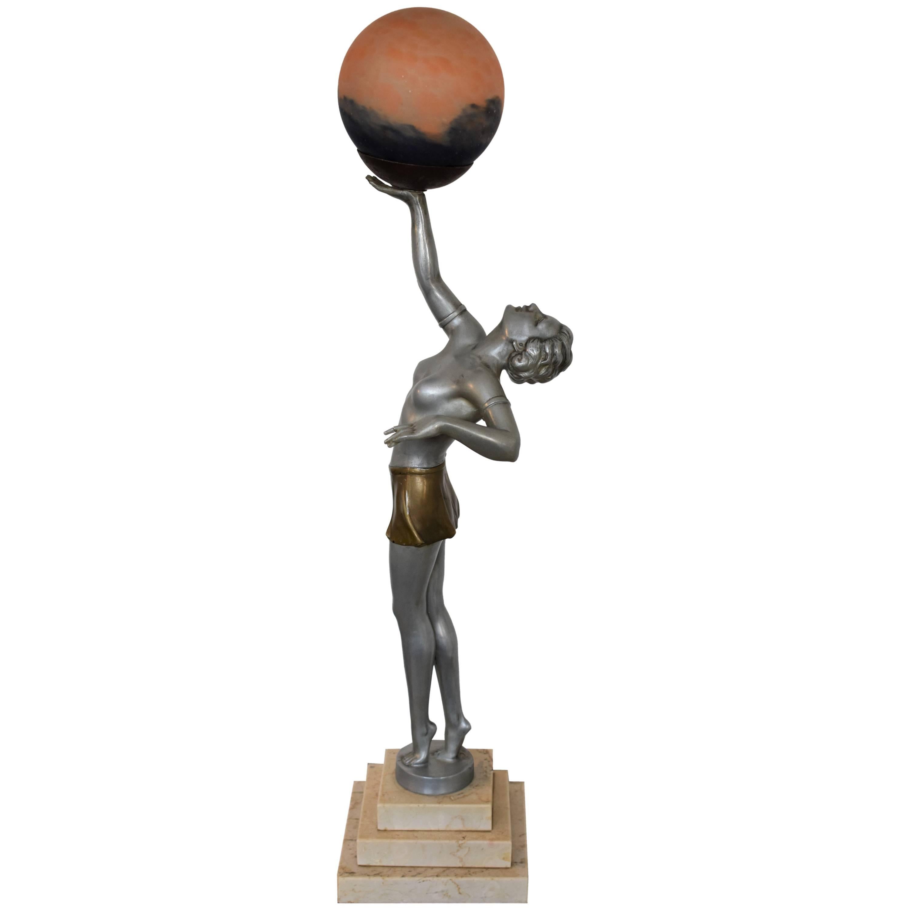 FINAL SALE Art Deco Woman Holding Globe Table Lamp Attributed to Balleste For Sale