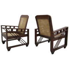Pair of Antique French Art Deco Solid Wood Lounge Chairs with Cane Backs & Seats