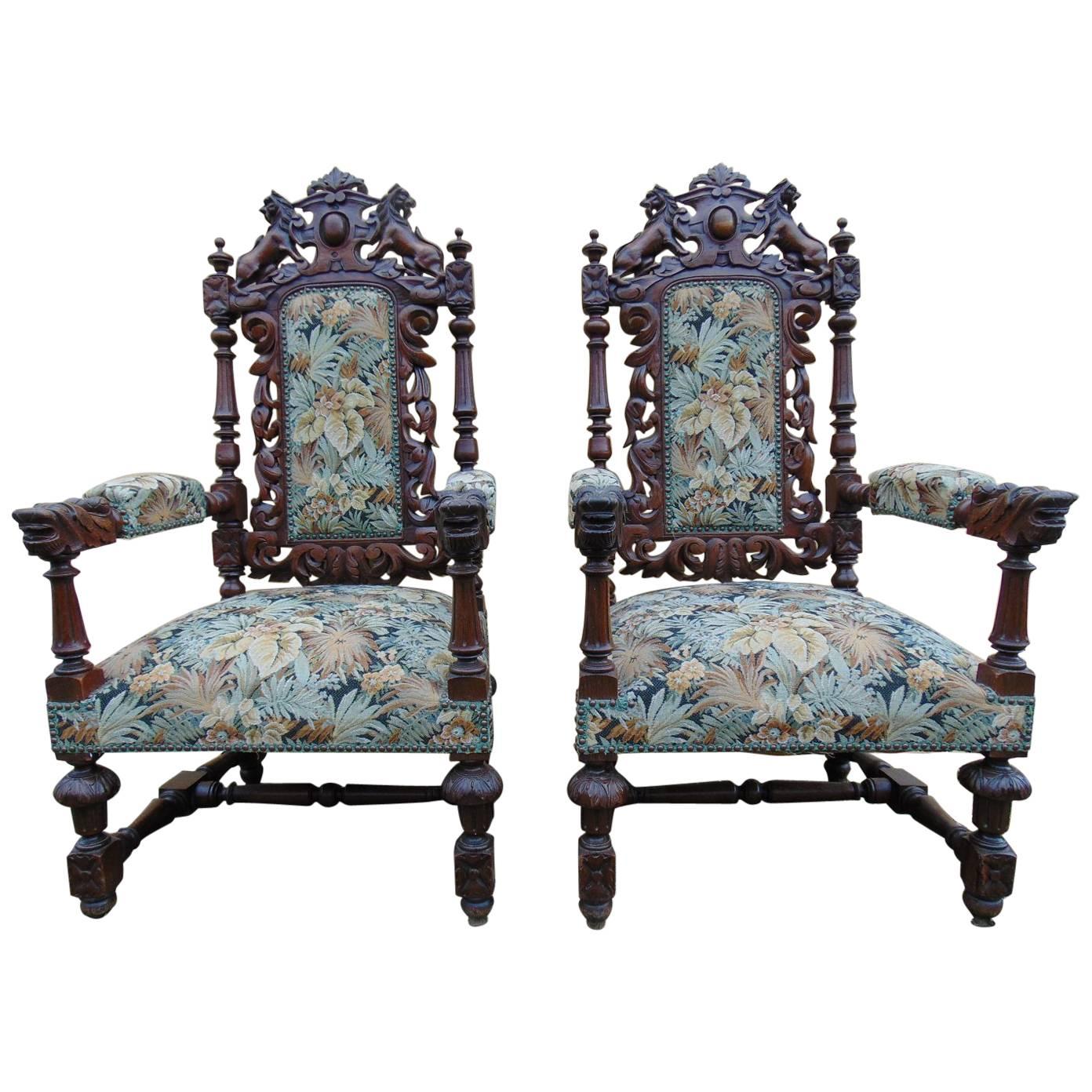 Throne Armchairs Rennaisance Style Carved Oak, circa 1870