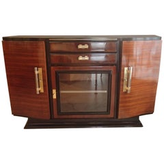 Art Deco Sideboard Rosewood and Black Glass Door Two Drawers Brass Handles