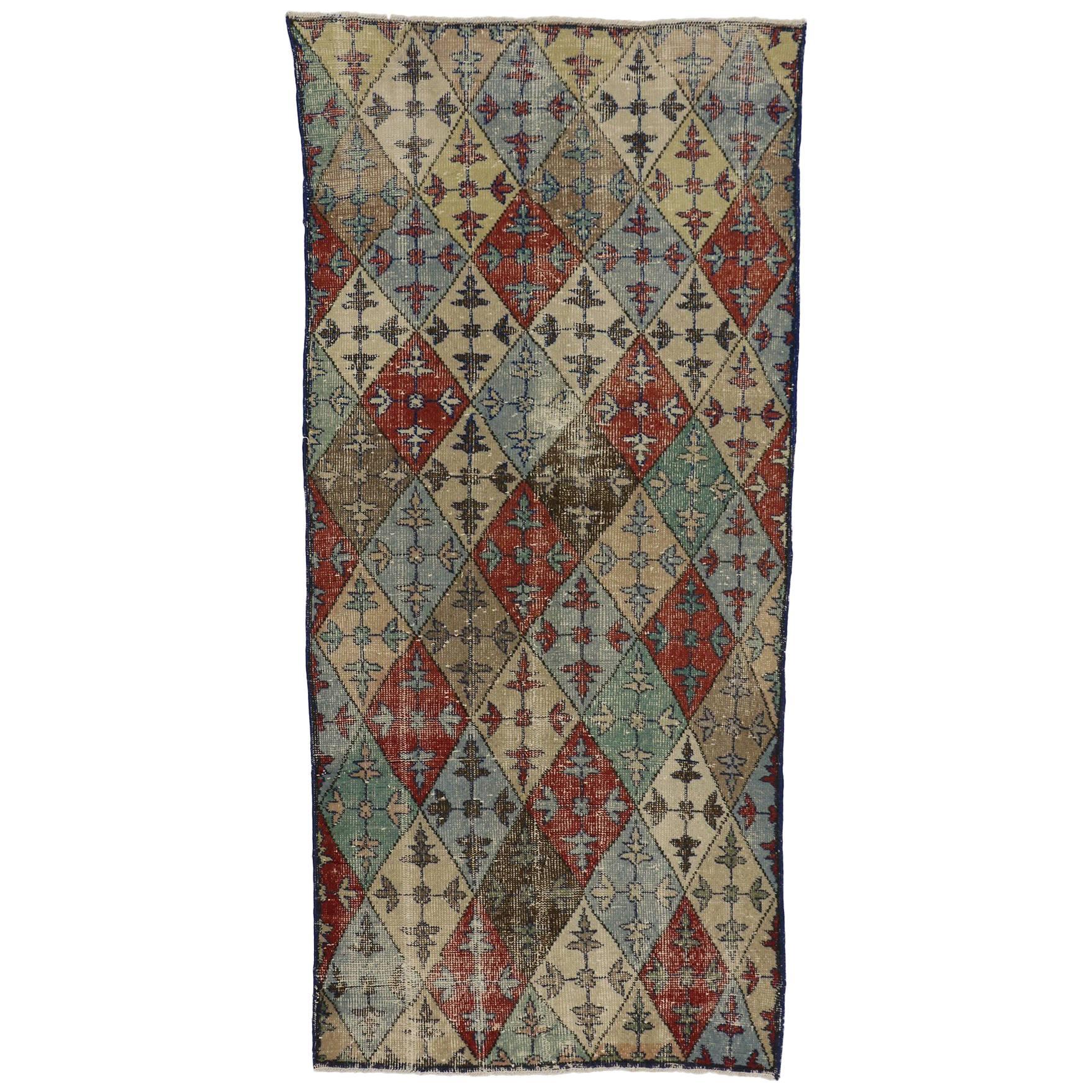 Distressed Vintage Turkish Sivas Rug with Industrial Art Deco Style For Sale