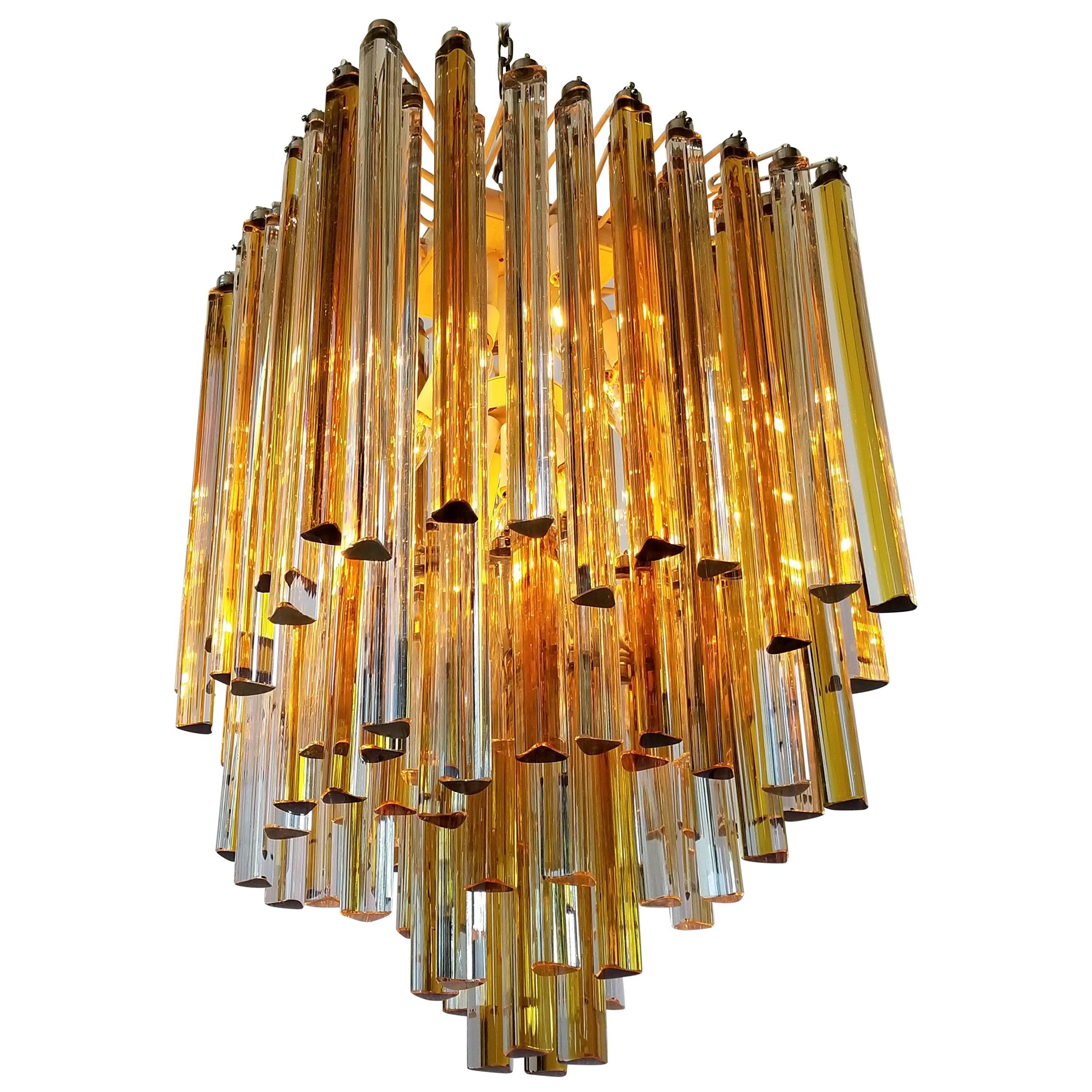 1960s Early Venini Amber and Clear Glass Prisms Chandelier, Italy