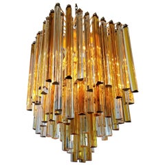 Vintage 1960s Early Venini Amber and Clear Glass Prisms Chandelier, Italy