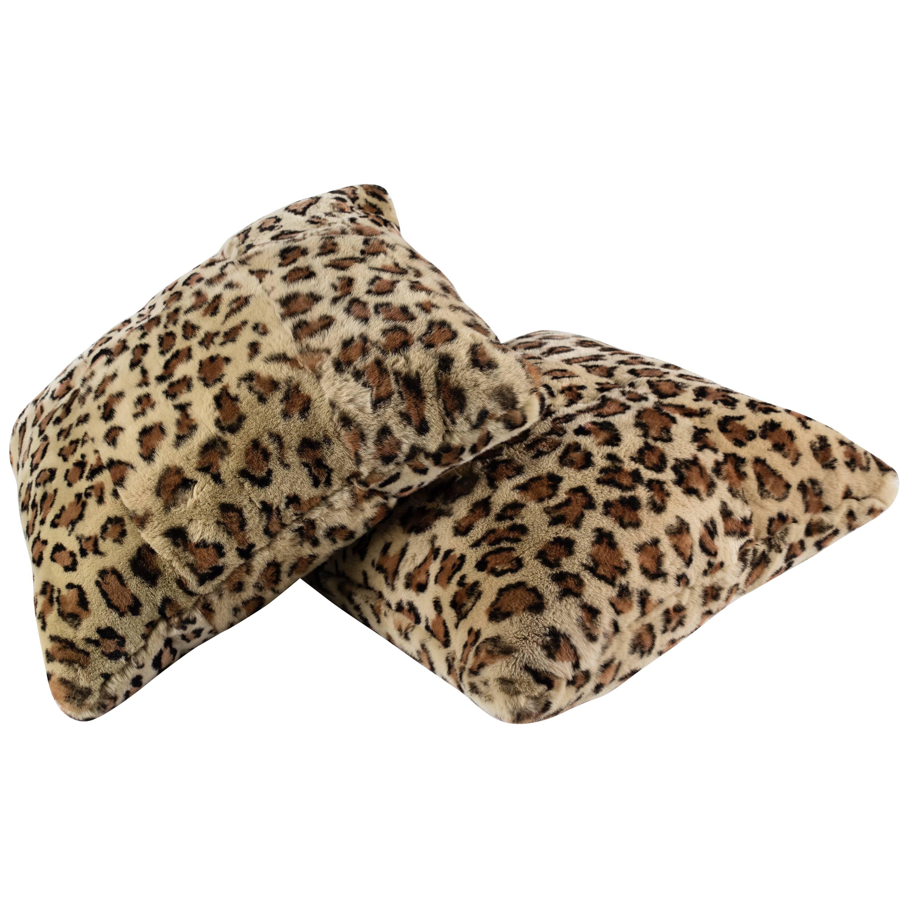 Pair of Rex Rabbit Fur Cushions Printed Leopard For Sale