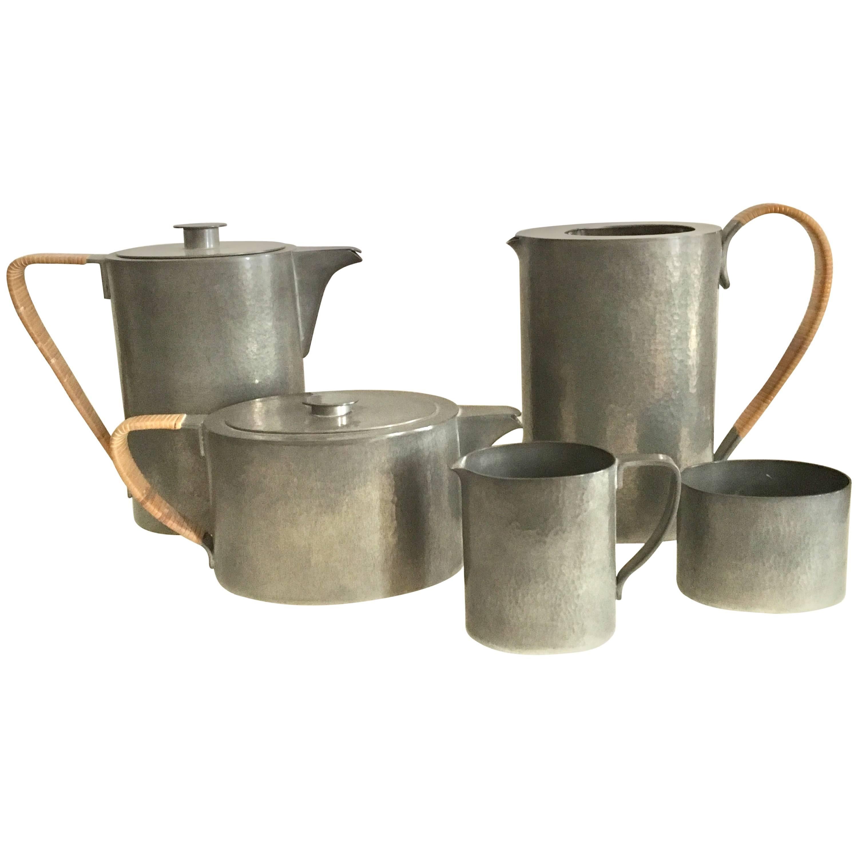 Porter Blanchard Mid Century pewter five piece Coffee and Tea Set For Sale