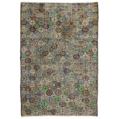 Zeki Muren Distressed Vintage Turkish Sivas Rug With Industrial Art Deco Style